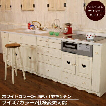 カントリー キッチン 17 Ｗ2550 I型 オーダー家具 サイズ変更可能 北欧 無垢 木製 パイン材 収納 人造大理石 天板 セラミックトップ クォーツストーン タイル オリジナルキッチン おしゃれ 調理台 キッチン収納 ナチュラル アン