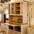 フラップ扉 付き カップボード W1400 幅140 日本製 カントリー 家具 手作り 木 木製 北欧 無垢 パイン材 ホワイト 白 白家具 ナチュラル おしゃれ かわいい 食器棚 収納 ガラス ドア インテリア キッチン ゴミ箱 収納力 