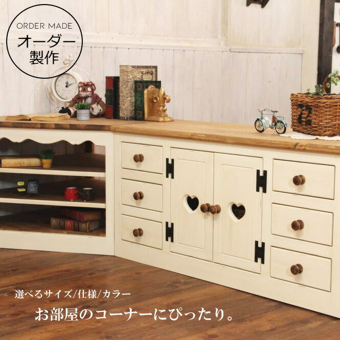 コーナー テレビ台 幅180 サイズオーダー 手作り 木 木製 北欧 無垢 パイン材 ナチュラル ホワイト 白 おしゃれ 収納 カントリー家具 日本製 カントリー 家具 サイズ変更可能 ローボード ハイボード TVラック TV台 角 引き出