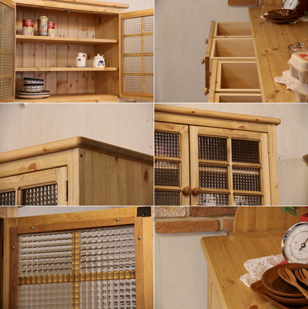 カップボード 幅165 日本製 カントリー 家具 手作り 木 木製 北欧 無垢 パイン材 パントリー レンジ台  ナチュラル おしゃれ かわいい 食器棚 収納 チェスト インテリア キッチン ゴミ箱  - 3