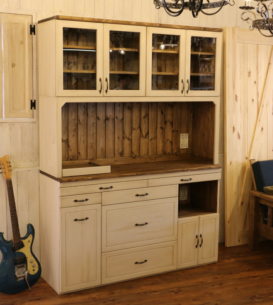 耐震ラッチ 付き カップボード W1500 幅150 日本製 カントリー 家具 手作り 木 木製 北欧 無垢 パイン材 ホワイト 白 白家具 ナチュラル おしゃれ 食器棚 収納 ガラス ドア インテリ - 4