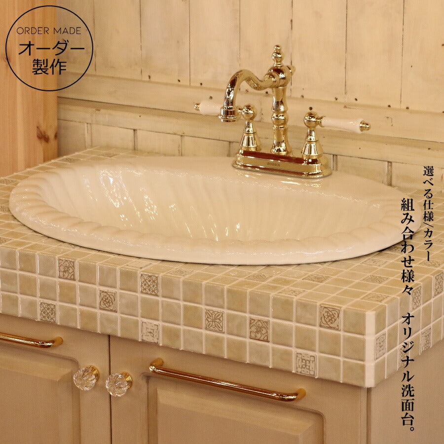 タイル ウォッシュキャビネット W750 75cm 洗面台 日本製 収納 カントリー 家具 手作り 木 木製 北欧 無垢 パイン材 ナチュラル 白  混合水栓 おしゃれ かわいい 人気  ドレッサー　オーダーメイド オーダー カントリー家具