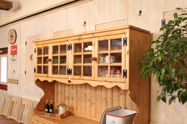 北欧スタイル 英国カントリー カフェ風 棚 収納 食器棚 スライドレール 木製 北欧パイン 幅165cm キッチン カントリー家具 アンティーク家具 ナチュラル オーダー 手作り ４ガラスドア・ダスト - 5
