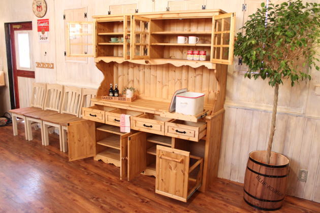 北欧スタイル 英国カントリー カフェ風 棚 収納 食器棚 スライドレール 木製 北欧パイン 幅165cm キッチン カントリー家具 アンティーク家具 ナチュラル オーダー 手作り ４ガラスドア・ダスト - 7