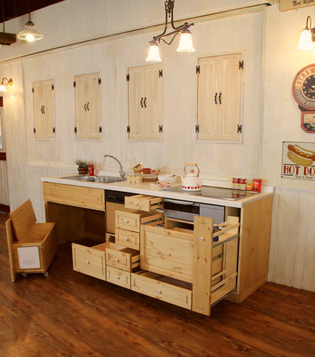 カントリー キッチン 2 W2550 オーダー家具 サイズ変更可能 北欧 無垢 木製 パイン材 収納 人造大理石 天板 セラミックトップ クォーツストーン オリジナルキッチン おしゃれ 流し台 コンロ - 7