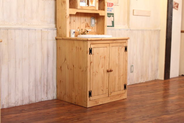 洗面台 幅75 奥行60 日本製 収納 カントリー 家具 手作り 木 木製 北欧 無垢 パイン材 ナチュラル 白 ウォッシュスタンド 混合水栓 おしゃれ かわいい ドレッサー タイル キャビネット オ - 7