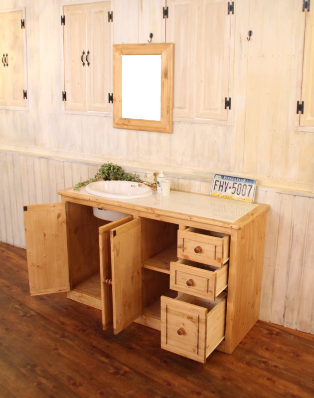 洗面台 カントリー家具 オーダー家具 北欧 無垢 アンティーク 手作り 木製 パイン材 ナチュラル 混合水栓 おしゃれ ドレッサー 化粧台 鏡 ミラー 収納 引き出し 上置き オーダー リフォーム 新 - 5
