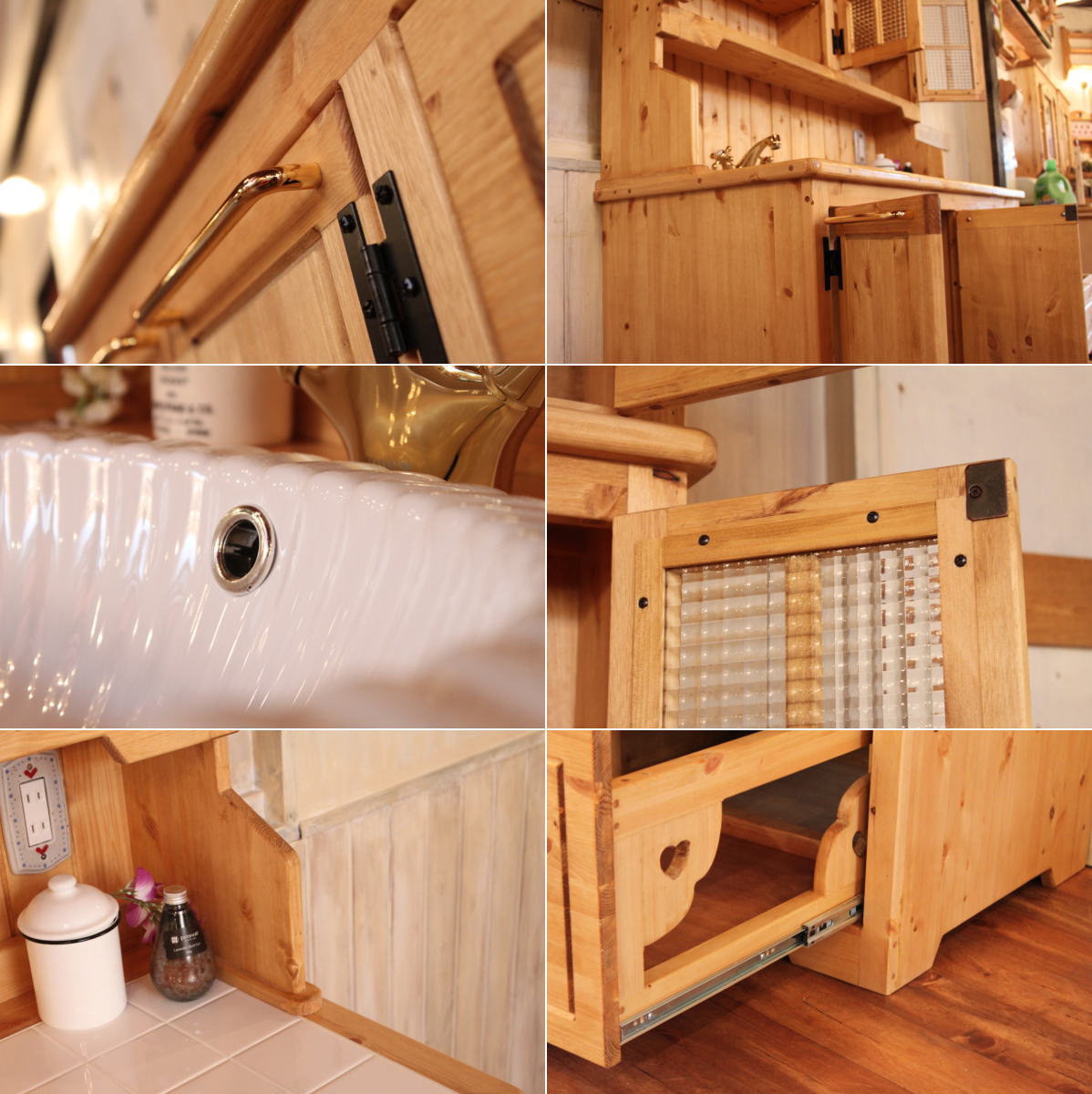 洗面台 幅120 カントリー家具 オーダー家具 北欧 無垢 アンティーク 手作り 木製 パイン材 ナチュラル 混合水栓 おしゃれ ドレッサー 化粧台 鏡 ミラー 収納 引き出し 上置き オーダー リフ - 3