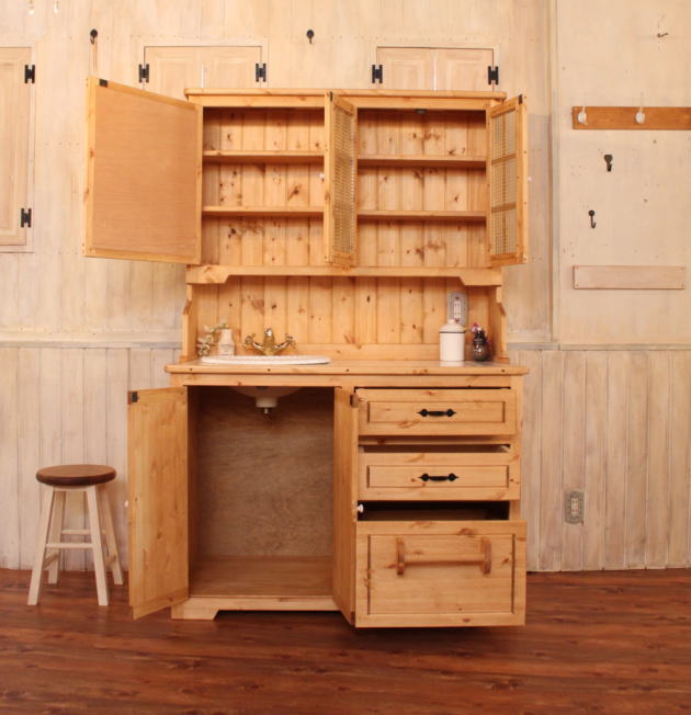 洗面台 幅120 カントリー家具 オーダー家具 北欧 無垢 アンティーク 手作り 木製 パイン材 ナチュラル 混合水栓 おしゃれ ドレッサー 化粧台 鏡 ミラー 収納 引き出し 上置き オーダー リフ - 5