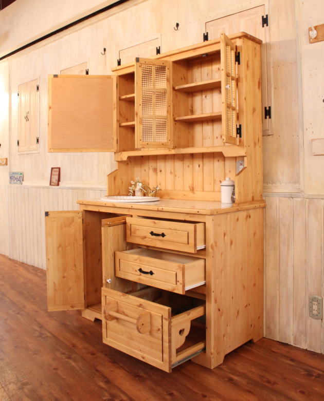 洗面台 幅120 カントリー家具 オーダー家具 北欧 無垢 アンティーク 手作り 木製 パイン材 ナチュラル 混合水栓 おしゃれ ドレッサー 化粧台 鏡 ミラー 収納 引き出し 上置き オーダー リフ - 10