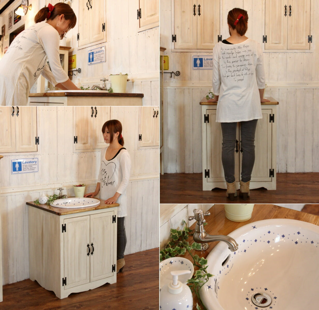洗面台 幅70 日本製 収納 カントリー 家具 手作り 木 木製 北欧 無垢 パイン材 ナチュラル ホワイト 白 混合水栓 ウォッシュスタンド おしゃれ かわいい コンパクト スリム シャビー 混合水 - 2