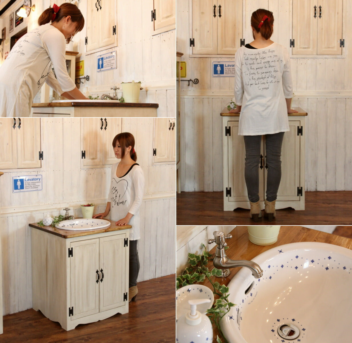 洗面台 幅70 日本製 収納 カントリー 家具 手作り 木 木製 北欧 無垢 パイン材 ナチュラル ホワイト 白 混合水栓 ウォッシュスタンド おしゃれ かわいい コンパクト スリム シャビー 混合水 - 2