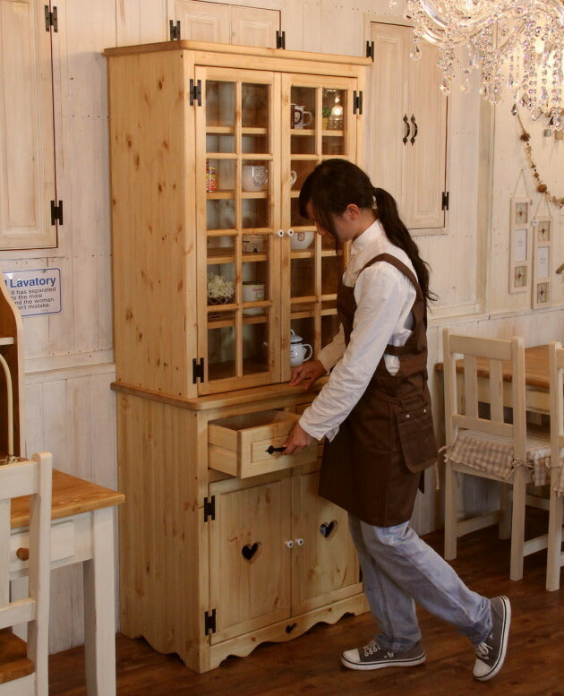 カントリー ２ガラスドア カップボード オーダー家具 サイズ変更可能 選べるカラー 北欧 無垢 木製 パイン材 収納 キッチン 食器棚 キッチン収納 収納棚 レンジ台 おしゃれ 家具 インテリア カン - 4