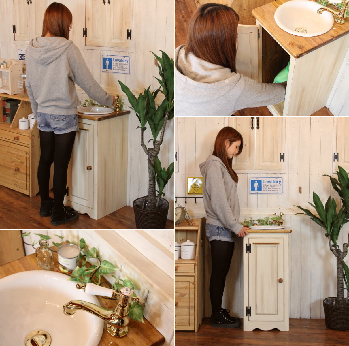 洗面台 幅40 日本製 収納 カントリー 家具 手作り 木 木製 北欧 無垢 パイン材 ホワイト 白 白家具 ナチュラル ウォッシュスタンド おしゃれ かわいい コンパクト スリム シャビー アンティ - 2