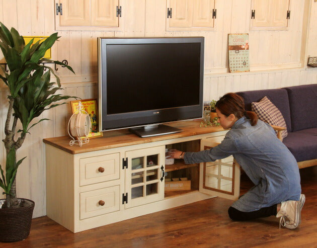 テレビ台 幅150 サイズオーダー 手作り 木 木製 北欧 無垢 テレビボード パイン材 ホワイト 白 おしゃれ 収納 アンティーク オーダー カントリー家具 日本製 カントリー 家具 ローボード ハ - 4