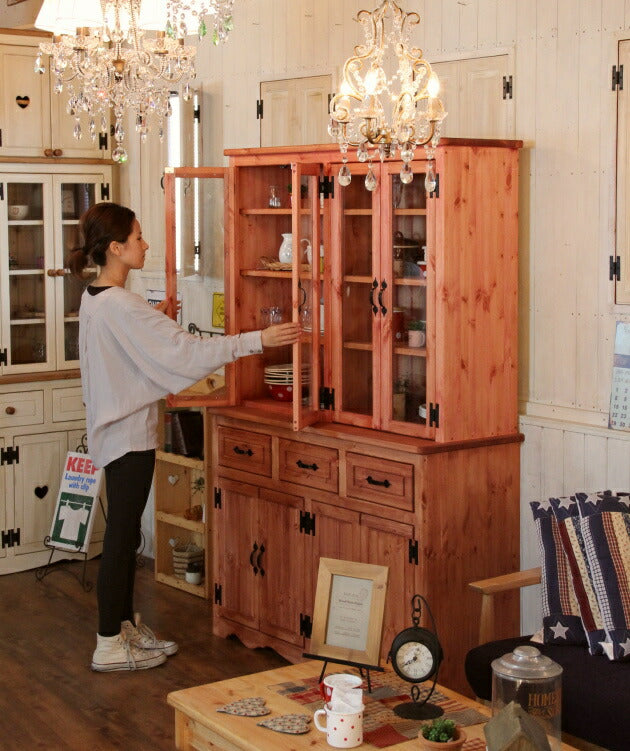 カップボード 幅120 カントリー 家具 日本製 手作り 木 木製 北欧 無垢 パイン材 マホガニー ナチュラル ホワイト 白 おしゃれ かわいい 食器棚 収納 ガラス ドア インテリア キッチン 棚 - 4