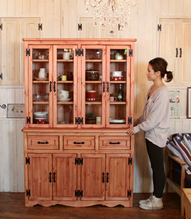 カップボード 幅120 カントリー 家具 日本製 手作り 木 木製 北欧 無垢 パイン材 マホガニー ナチュラル ホワイト 白 おしゃれ かわいい 食器棚 収納 ガラス ドア インテリア キッチン 棚 - 5