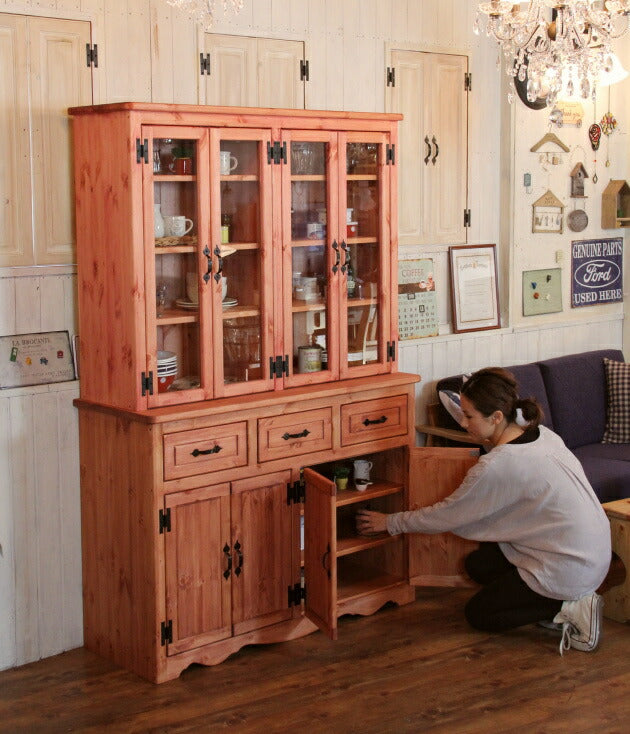 カップボード 幅120 カントリー 家具 日本製 手作り 木 木製 北欧 無垢 パイン材 マホガニー ナチュラル ホワイト 白 おしゃれ かわいい 食器棚 収納 ガラス ドア インテリア キッチン 棚 - 14