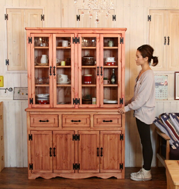 カップボード 幅120 カントリー 家具 日本製 手作り 木 木製 北欧 無垢 パイン材 マホガニー ナチュラル ホワイト 白 おしゃれ かわいい 食器棚 収納 ガラス ドア インテリア キッチン 棚 - 6