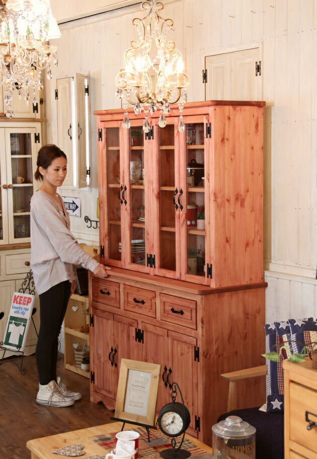 カップボード 幅120 カントリー 家具 日本製 手作り 木 木製 北欧 無垢 パイン材 マホガニー ナチュラル ホワイト 白 おしゃれ かわいい 食器棚 収納 ガラス ドア インテリア キッチン 棚 - 8