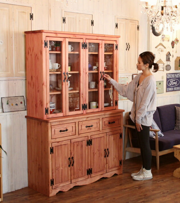カップボード 幅120 カントリー 家具 日本製 手作り 木 木製 北欧 無垢 パイン材 マホガニー ナチュラル ホワイト 白 おしゃれ かわいい 食器棚 収納 ガラス ドア インテリア キッチン 棚 - 11