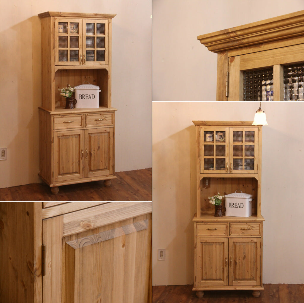 ２ガラスドア クラシック カップボード W800 オーダー家具 サイズ変更可能 選べるカラー 北欧 無垢 木製 収納 キッチン 食器棚 キッチン収納 収納棚 レンジ台 コンセント ホワイト おしゃれ  - 2