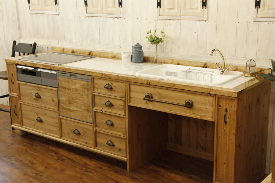 クラシック キッチン 56 タイル W2550 I型 オーダー家具 サイズ変更可能 北欧 無垢 木製 パイン材 収納 人造大理石 天板 ステンレス セラミックトップ クォーツストーン オリジナルキッチ - 4