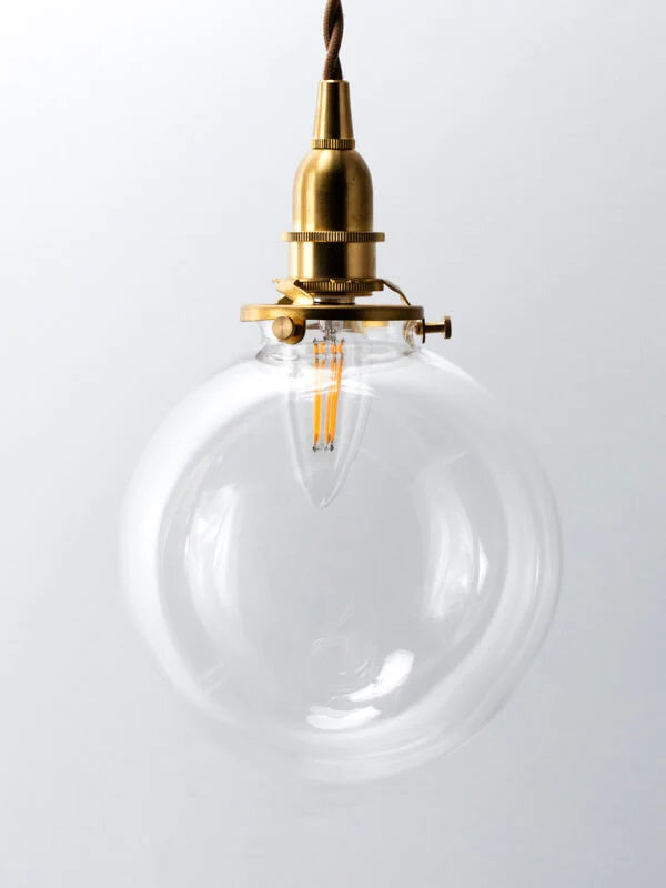 【シャンデリア球型LED電球付き】1灯 ガラスシェードペンダントランプ  ラウンド　クリア　真鍮　シェード 引っ掛けシーリング対応 取り付け簡単 天井照明 新築 リフォーム リノベーション 照明器具