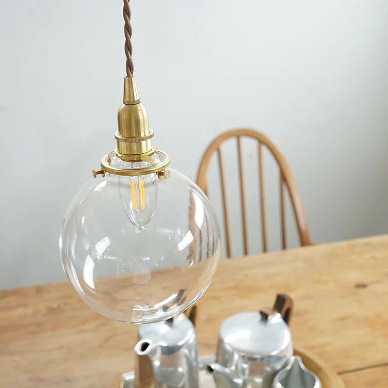 【シャンデリア球型LED電球付き】1灯 ガラスシェードペンダントランプ  ラウンド　クリア　真鍮　シェード 引っ掛けシーリング対応 取り付け簡単 天井照明 新築 リフォーム リノベーション 照明器具 - 2