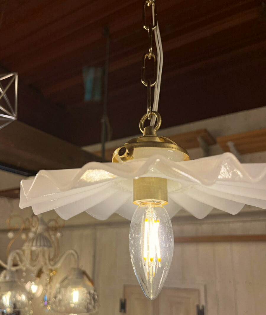 【 アウトレット 】 照明 ペンダント ランプ ミルクガラス シェード ガラス フリル シェル HS204 LED　電球球付き 新築 リフォーム リノベーション フレンチ カントリー ナチュラル ホワ - 2