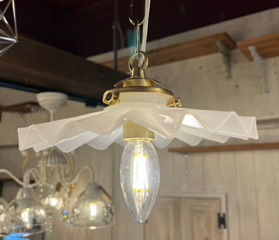 【 アウトレット 】 照明 ペンダント ランプ ミルクガラス シェード ガラス フリル シェル HS204 LED　電球球付き 新築 リフォーム リノベーション フレンチ カントリー ナチュラル ホワ - 4