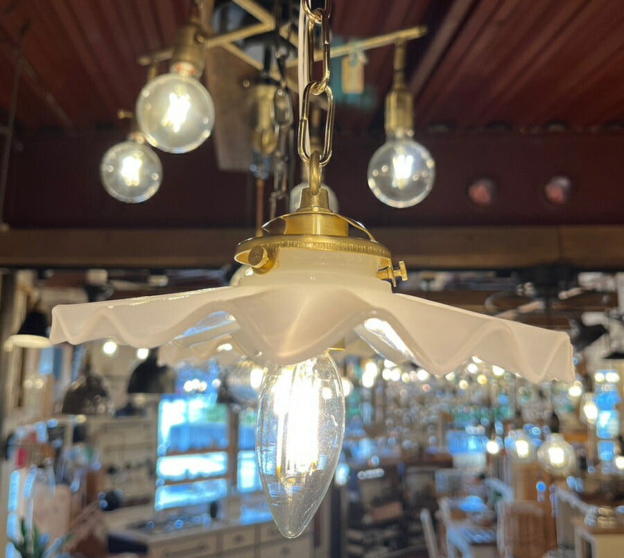 【 アウトレット 】 照明 ペンダント ランプ ミルクガラス シェード ガラス フリル シェル HS204 LED　電球球付き 新築 リフォーム リノベーション フレンチ カントリー ナチュラル ホワ - 5