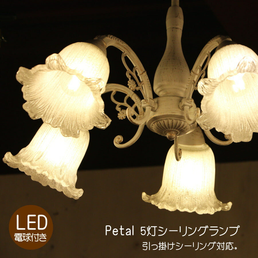 Petal・5灯シーリングランプ(ペタル・5灯シーリングランプ) 　シーリングライト　照明器具　LED電球 付き リビング　寝室　玄関　廊下　脱衣所　インテリア　アンティーク風　おしゃれ レトロ ロココ調 ナチュラル リビング照明