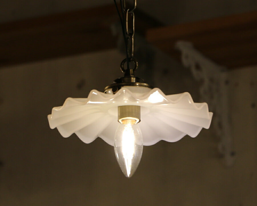 【 LED電球 付き 】ミルクガラスシェード シェル ペンダントランプ セット ペンダントライト 照明 ガラスシェード シェル型 ウェーブ ミルクガラス  チェーンサイズ 変更 可能 引っ掛けシーリン - 3